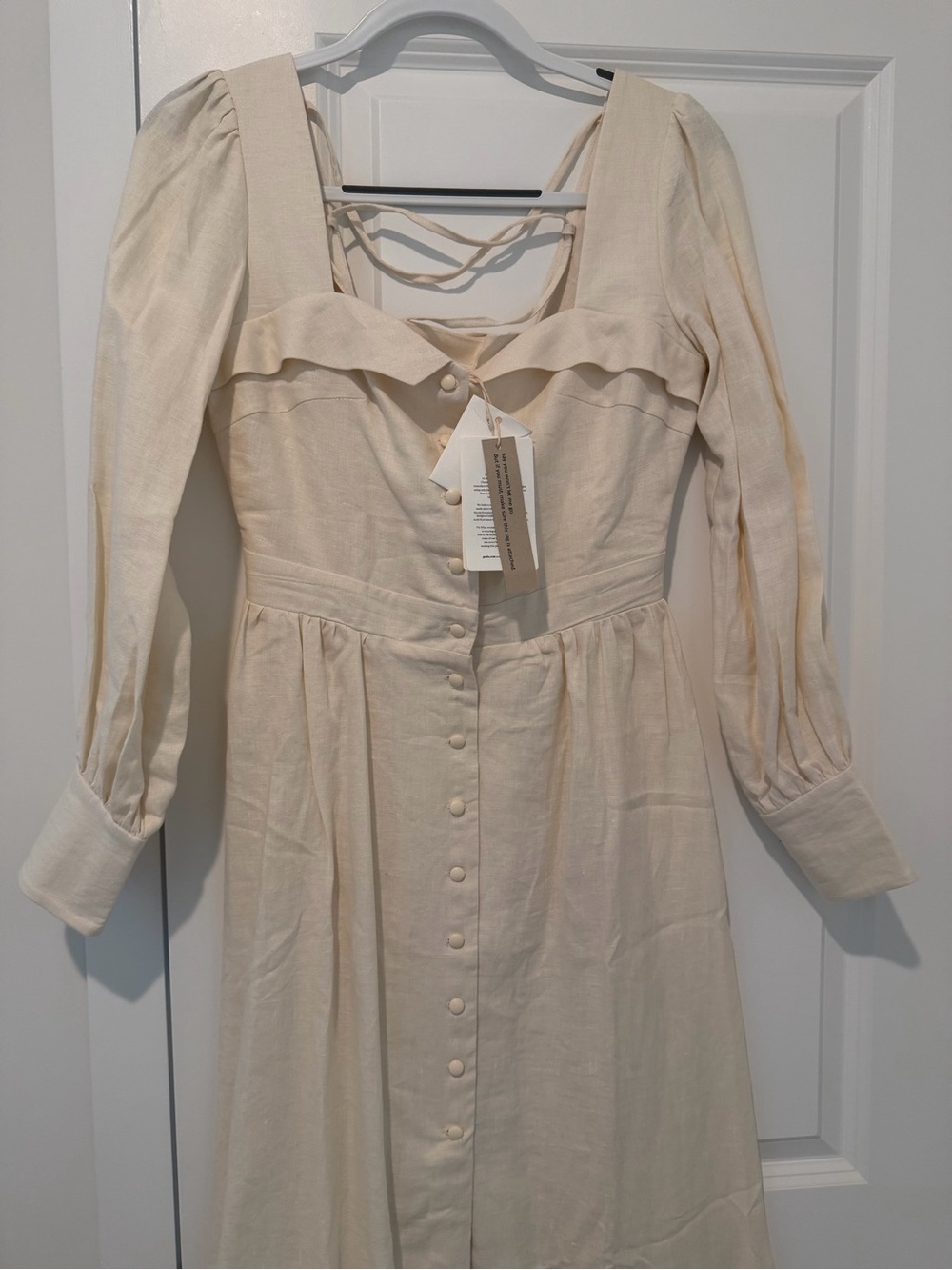 Long-Sleeve Cream Button-Front Midi Dress with Ruffled Neckline - Picture 5 of 8